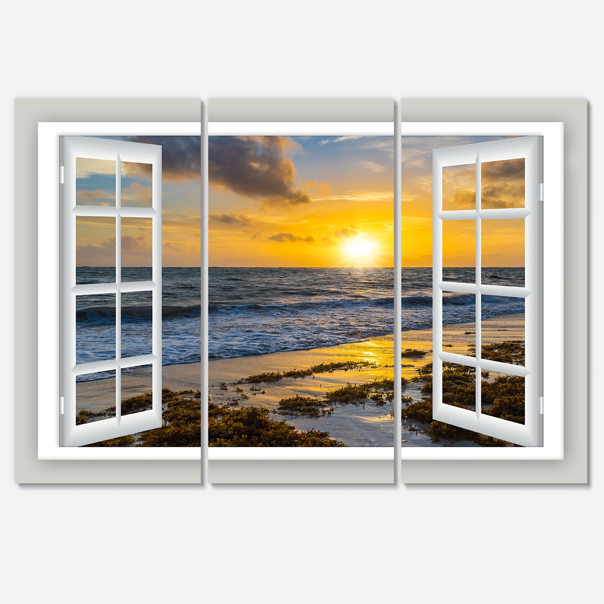 Designart 'Open Window to Bright Yellow Sunset ' Modern Seascape Canvas Artwork