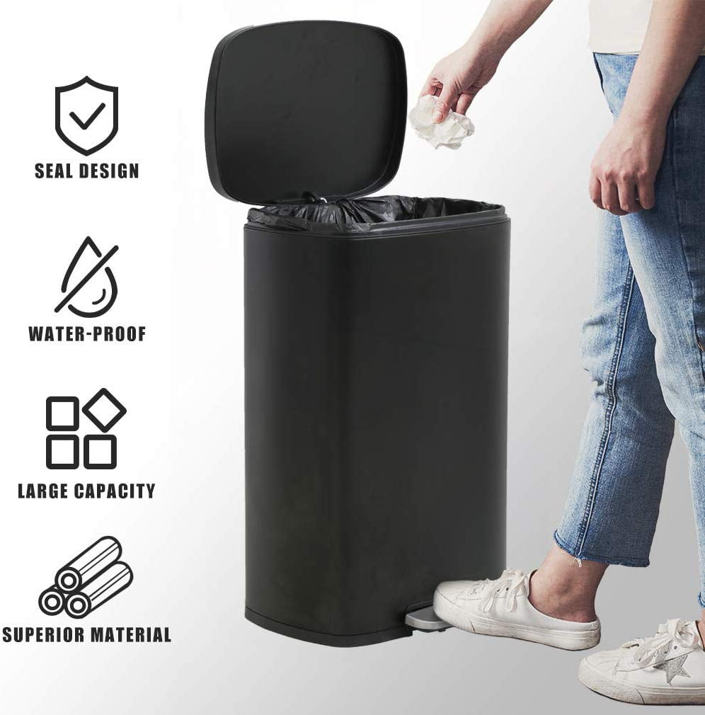 13 Gallon Trash Can Kitchen Trash Can Soft Close Lid Garbage Can with Lid Stainless Steel Trash Bin Hands-Free Footed Garbage Bin for Kitchen Bathroom Wateproof Trashcan, Black