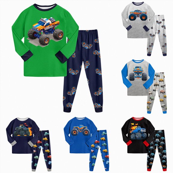 Gubotare Toddler Boys Pajamas Monster Truck Cotton Planets Sleepwear Pjs Sets Long Sleeve Excavator Jammies Green,Size 1-2 Years