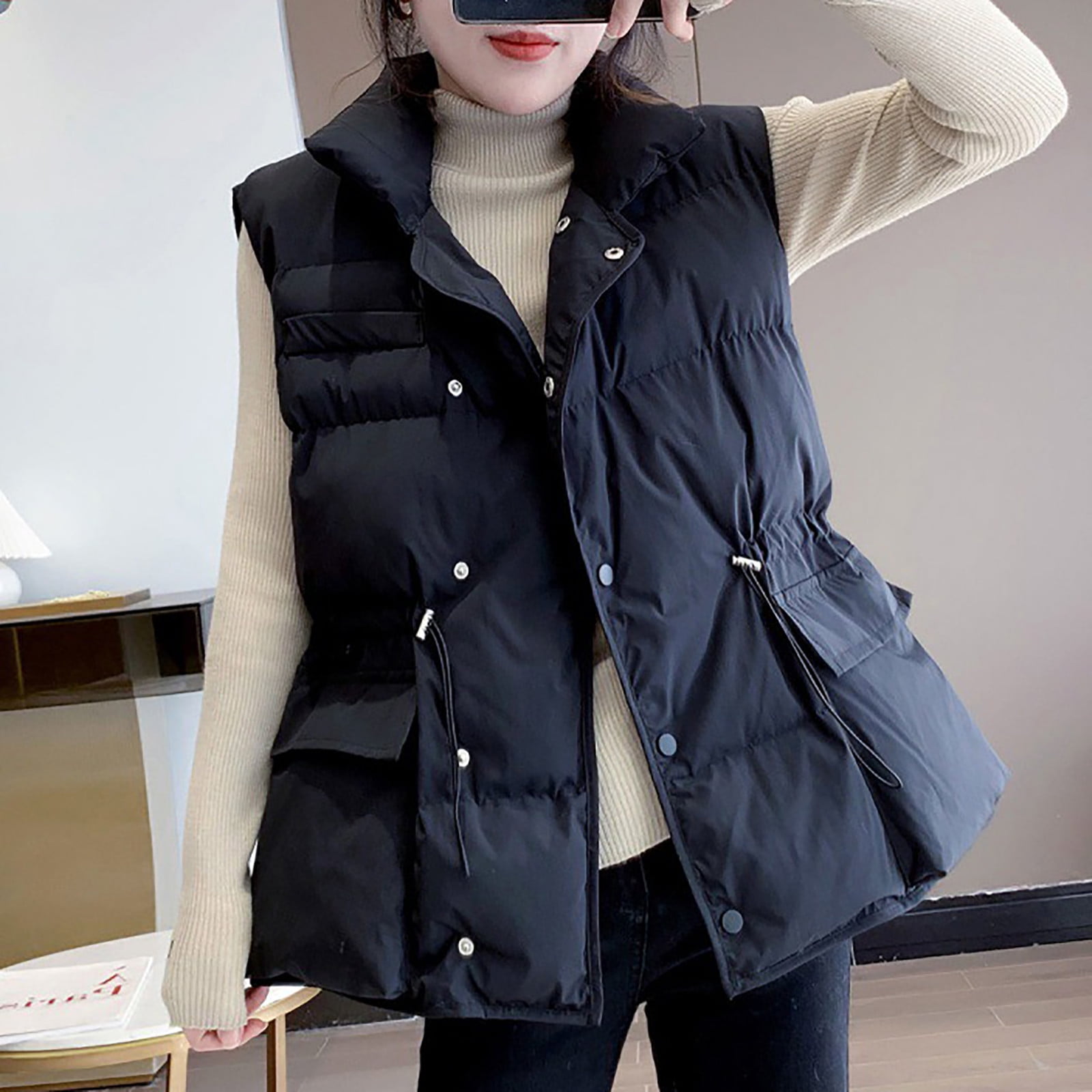 Gilet Court Gilet Chaud Noir Femme Gilet Court Boutonné Côtelé Col