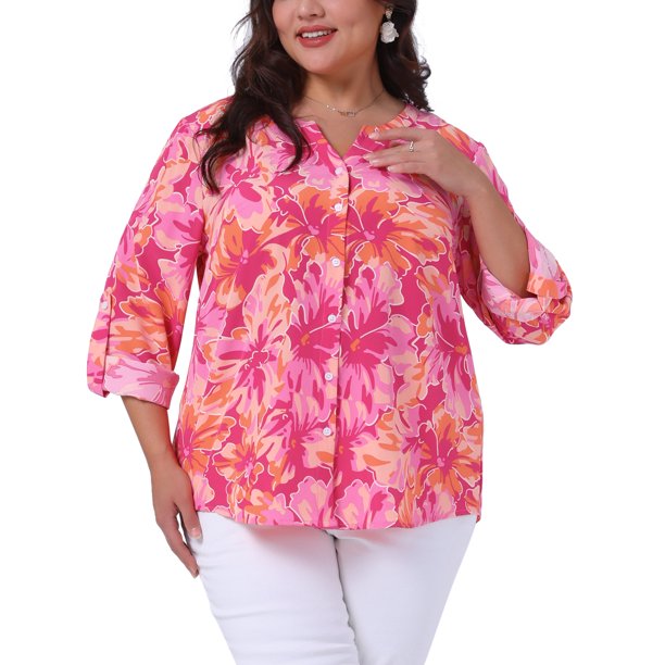 Agnes Orinda Camisetas Florales de Tallas Grandes para Mujeres para el Día de la Madre, Camisas de Manga Larga con Botones y Escote en V, Blusas Casuales 1X Rosa Fucsia