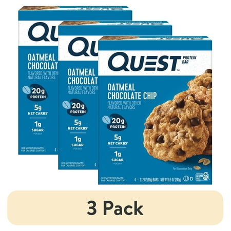(3 pack) Quest Protein Bar, Oatmeal Chocolate Chip, 20g Protein, Gluten Free, 4 Count