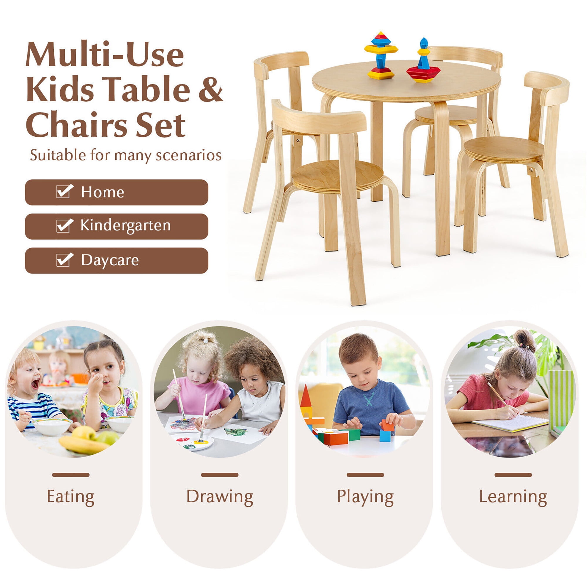 Gymax 5-Piece Kids Wooden Curved Back Activity Table & Chair Set w/Toy Bricks Natural