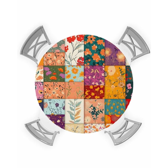 nqOlkjepod Spring Floral Round Tablecloth, Fitted Table Cover with Elastic for 36"-44" Round Tables, Summer Botanical Retro Checkered Colorful Table Cloth Dinning Party Waterproof Tablecloths