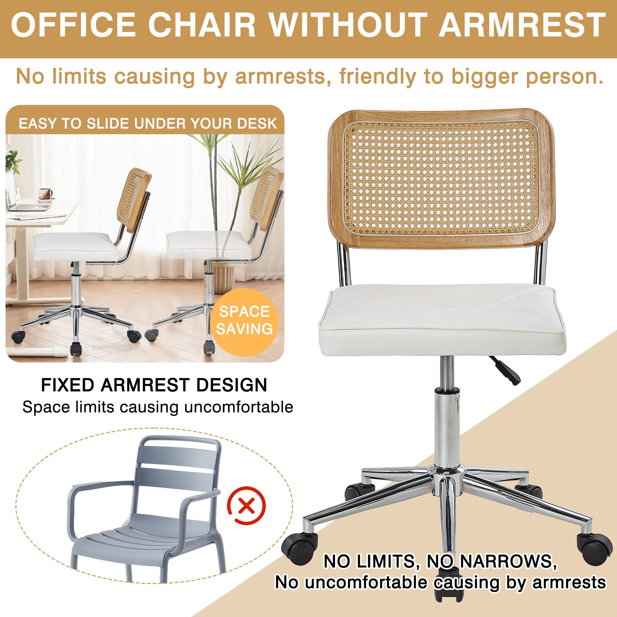 VECELO Mid Century Home Office Chair with Wheels, Modern PU Leather Desk Chair with Rattan Backrest, Adjustable Height Task Chair Swivel Computer Chair, White