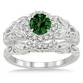 thumbnail image 2 of 1.25 Carat Emerald & Diamond Vintage floral Bridal Set Engagement Ring on 10k White Gold, 2 of 2