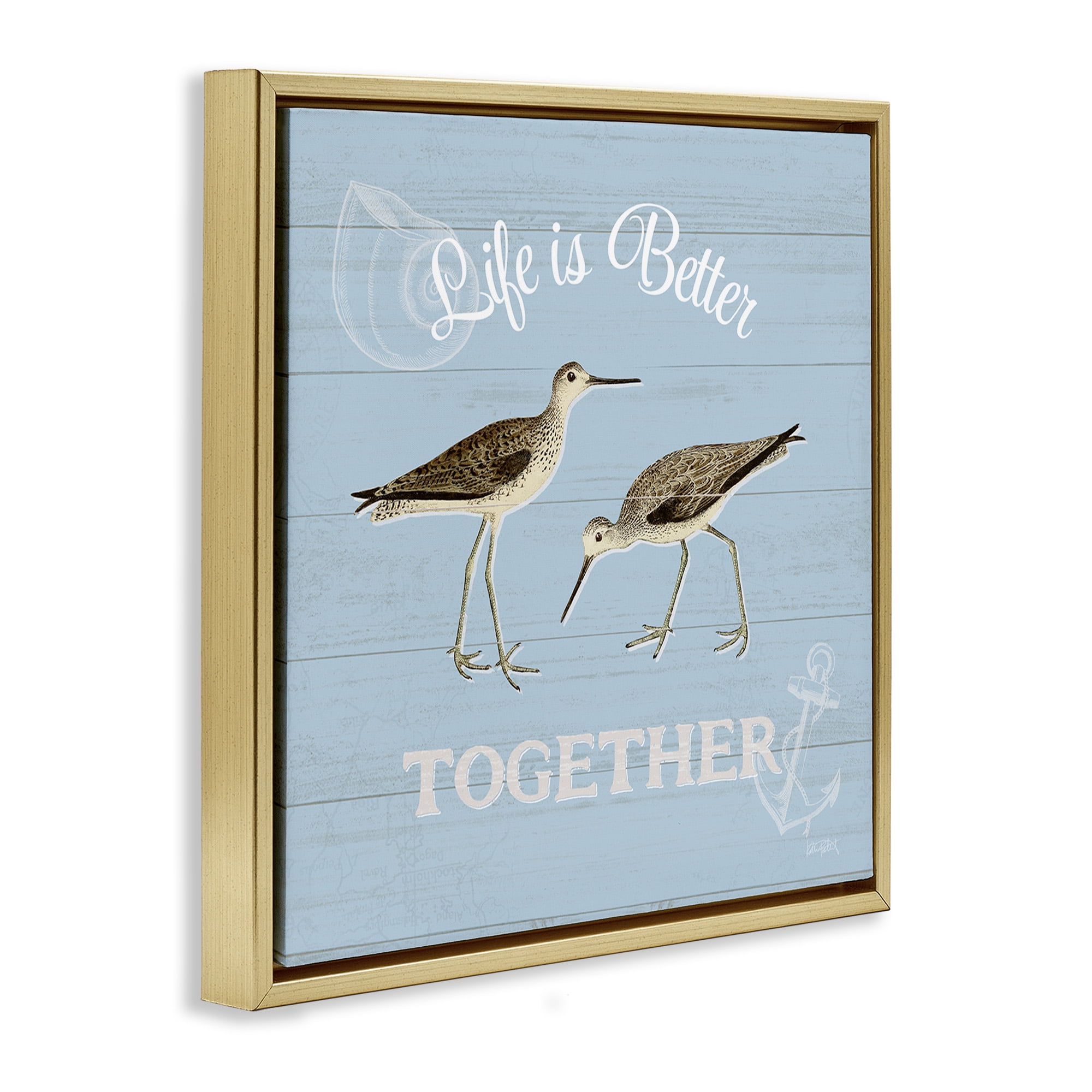 Stupell Industries Better Together Coastal Sandpipers Animals & Insects Painting Gold Floater Framed Canvas Art Print Wall Art, 25 x 25