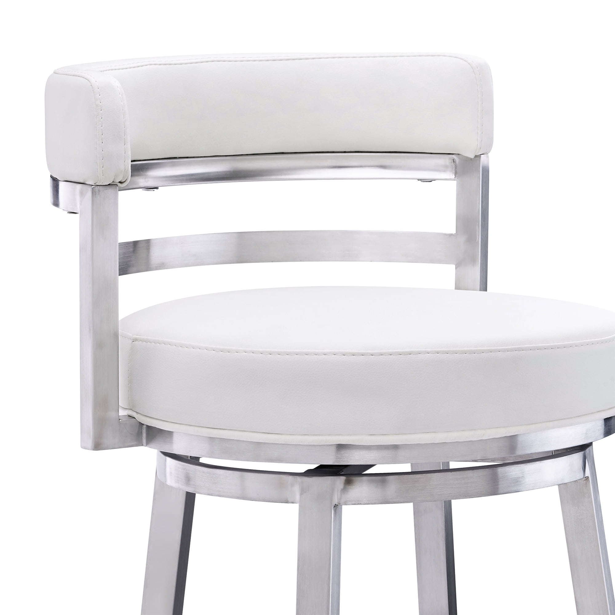 Armen Living Madrid 26" Seat Height Swivel White Faux Leather and Brushed Stainless Steel Bar Stool for Kitchen Island Counter, Set of 2