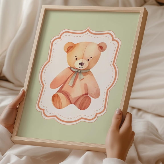 Green Watercolor Teddy Bear, Baby Shower Gift, Cute, Wall Art, Modern Wall Decor, 8x12 UNFRAMED