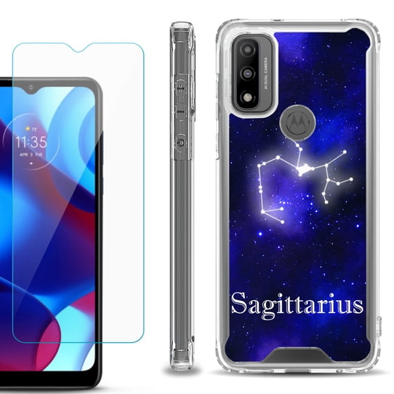 Shockproof Bumper Phone Case for Motorola Moto G Pure, with Tempered Glass Screen Protector, by OneToughShield ® - Zodiac / Sagittarius