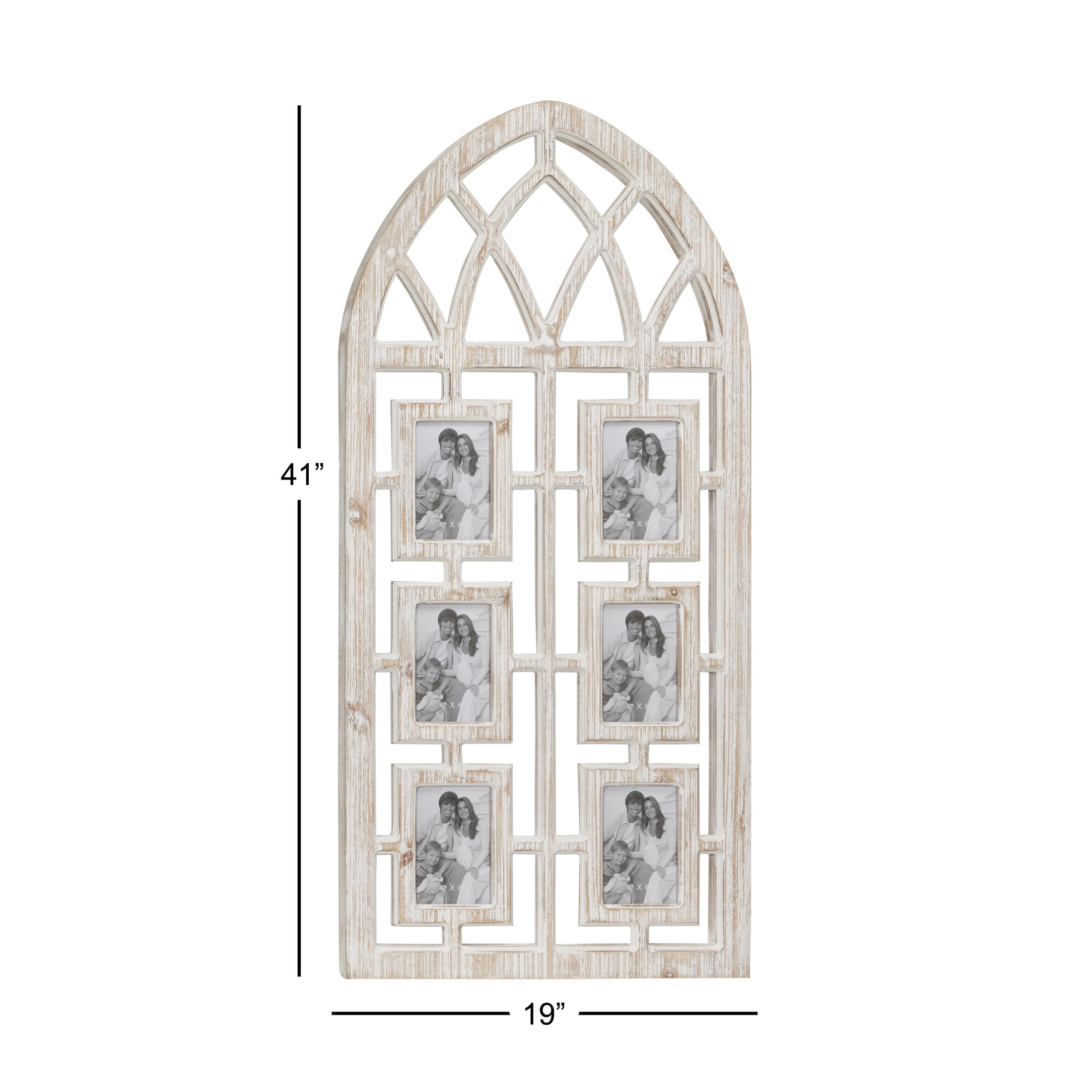 DecMode Vintage Wood Window Arch Shape 6 Slot Wall Photo Frame with Light Brown/White Finish, 19"W x 41"H