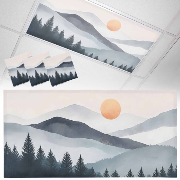 3 Pack Magnetic Fluorescent Light Covers, 2x4 Ft,Forest Mountain Sun Landscape Watercolor Retro Magnetic Light Covers for Ceiling Lights Classroom Office Home Decor