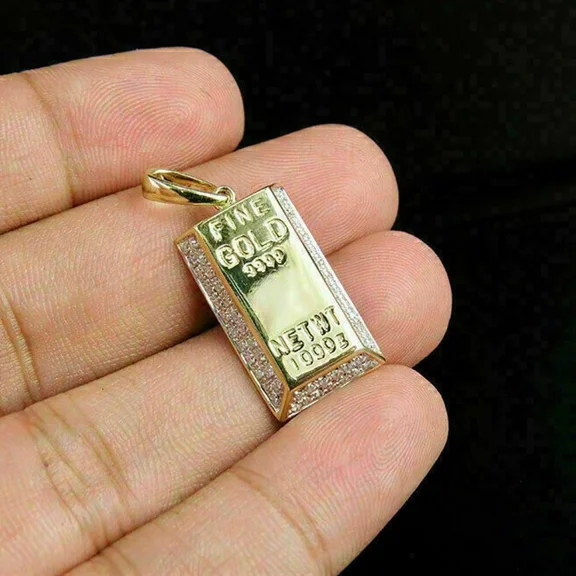 2Ct Moissanite BRICK-BAR Pendant – 14K Gold Plated Finish with 18" Free Chain – Unisex Jewelry