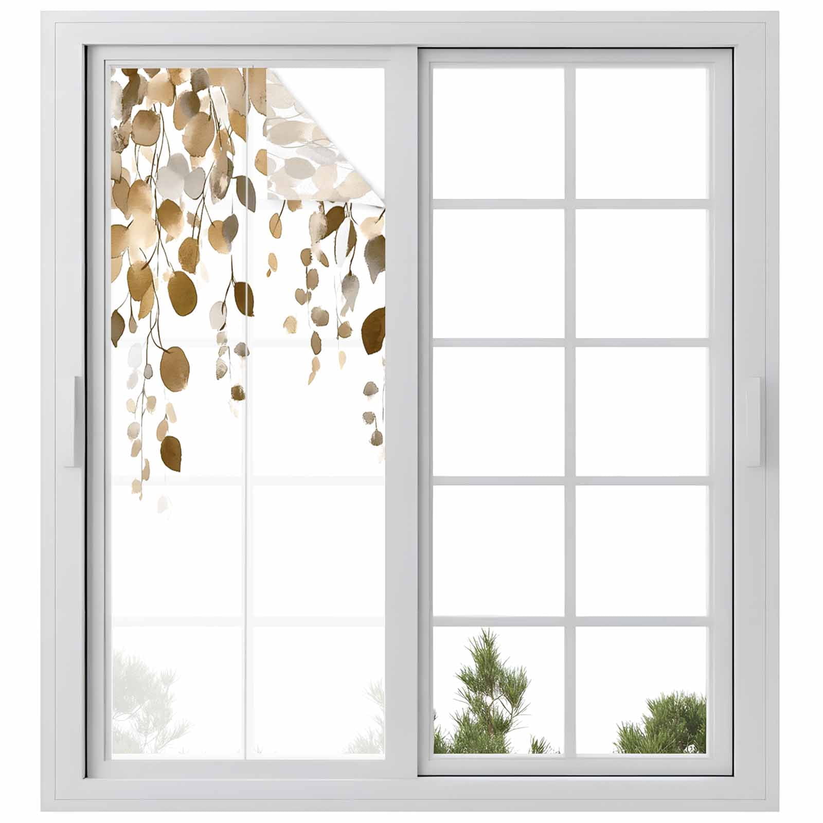Brown Eucalyptus Leaves Window Privacy Film, Summer Watercolor Leaf Static Cling UV Sun Blocking Tint Film Heat Control Windows Films for Bedroom Bathroom, Window Stickers 23.6"x59"