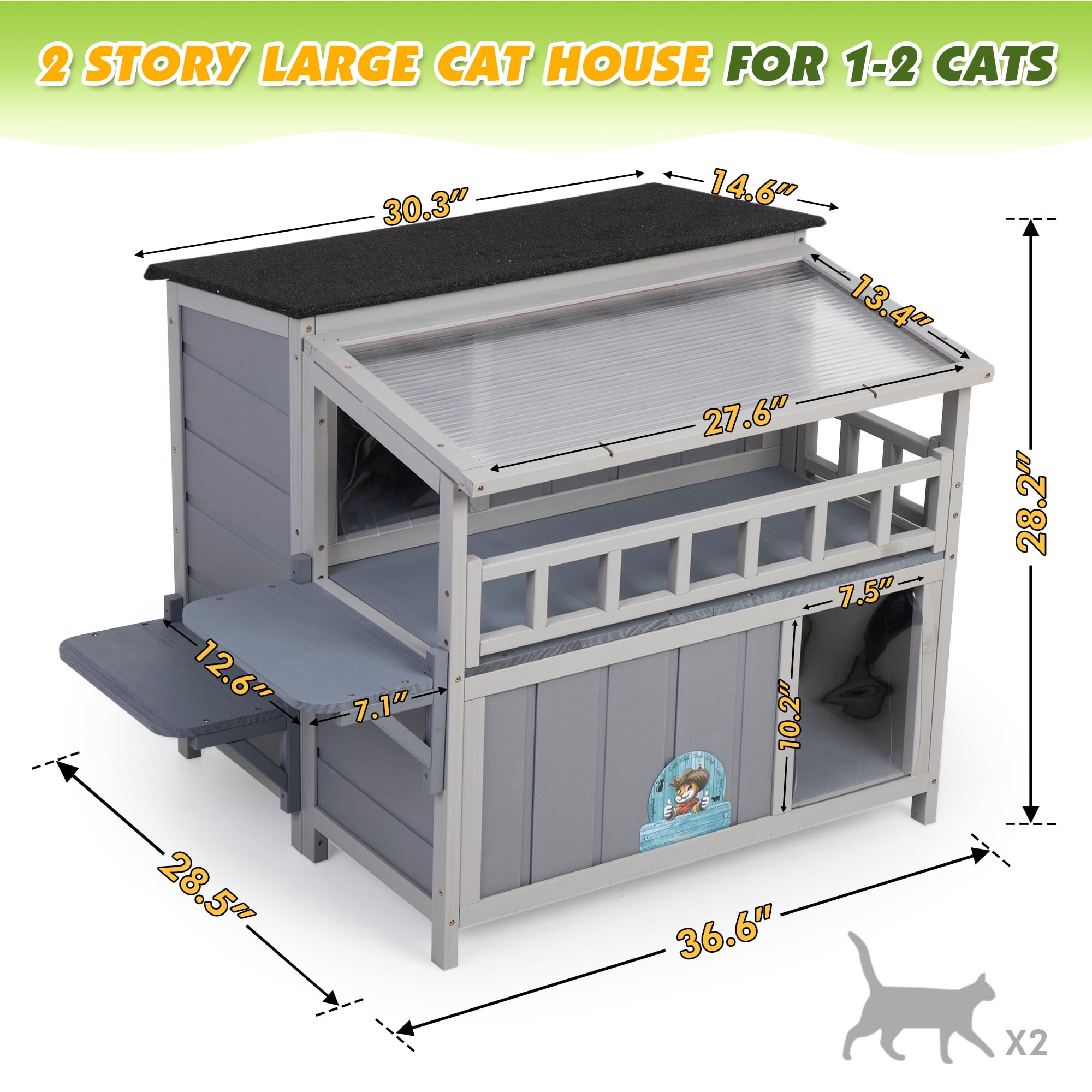 2-Tier Warm Wood Cat Shelter with Sunlight Roof, Outdoor Kitty Cat House, Balcony, Jumping Platforms, Kitty Pet Porch Enclosure, Weatherproof Outside