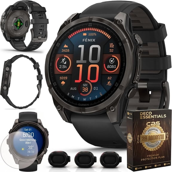 Garmin Fenix 8 43mm AMOLED Sapphire Multisport GPS Smartwatch, Carbon Gray Titanium with Black Silicone Band, 010-02903-20 - Bundle w/Deco Essentials 2-Year CPS Plan