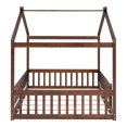 thumbnail image 5 of Full Size House Bed Frame for Kids, Teens, Boys & Girls with Safety Fence & Roof - Sturdy Pine Wood Construction, Mid-Century Modern Design, 7-Slat Support, Walnut Finish, 5 of 9