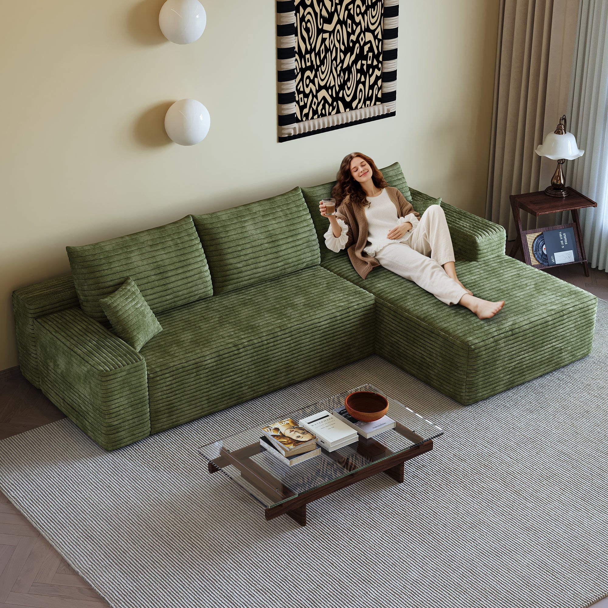 Sailvan 107" Cloud Sectional Couch, Cloudy Sofa with L-Shape Chaise, Upholstered Couches for Living Room & Bedroom, No Assembly Required, Plush Corduroy Fabric, Green