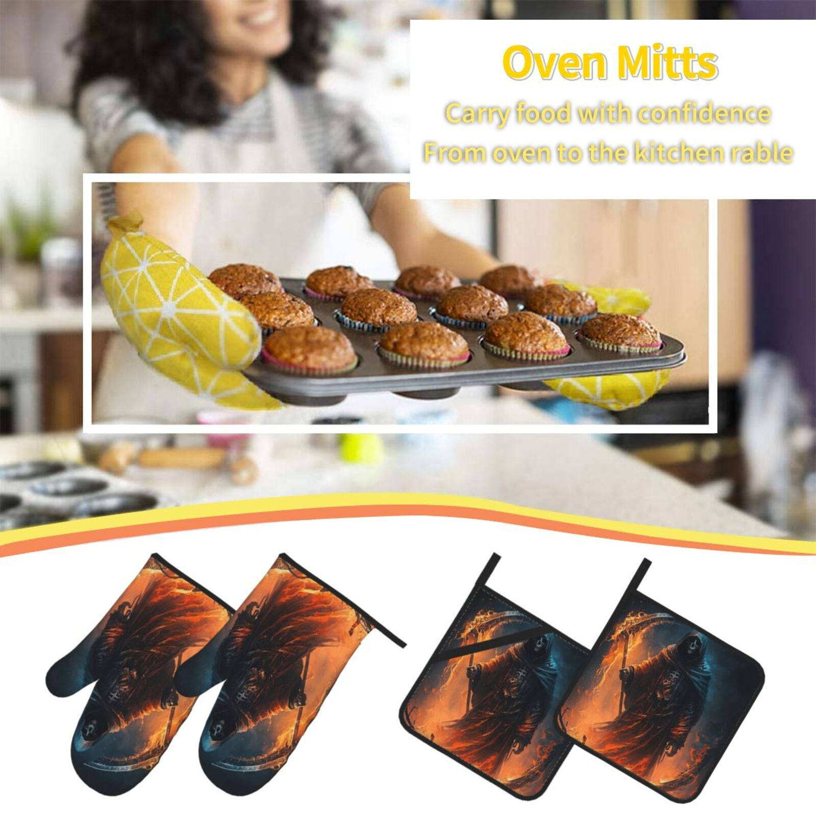 Grim Reaper On Fire Cool Art 4Pcs Oven Mitts and Pot Holders Sets Oven Kitchen Gloves Hot Pads for Cooking BBQ Baking Grilling