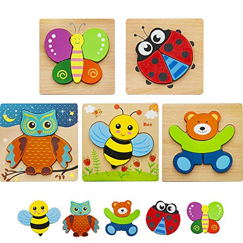 HZONE Wooden Jigsaw Puzzles for Toddlers 1 2 3 Years Old, (5 Pack