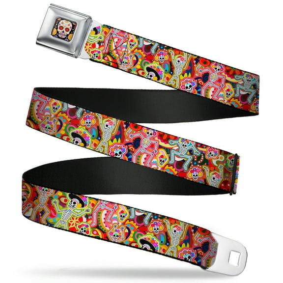 Thaneeya McArdle Belt, Seatbelt Buckle Belt, Dancing Catrinas Collage Multi Color, 34 to 52 Inches