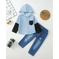 thumbnail image 2 of KIMI BEAT Infant Baby Boys Outfits 18-24 Months Kid Clothing Winter Long Sleeves Patchwork Color Block Hooded Shirt Top Ripped Jeans Denim Pants Sets 2pcs Outwear Blue, 2 of 8