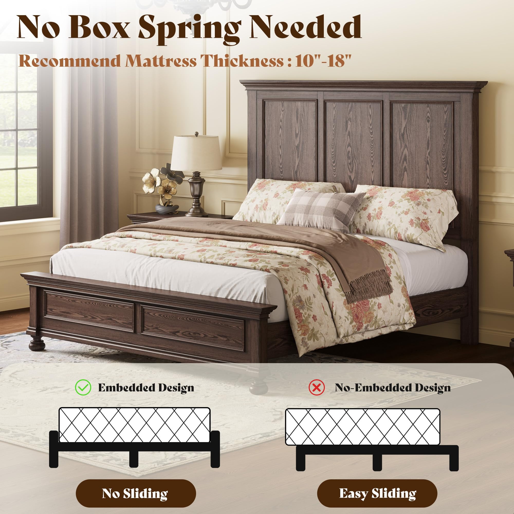 Amerlife Solid Wood King Bed Frame with 65.2" High Headboard, Traditional Platform Bed with Heavy Duty Slats, Easy Assembly, Dark Brown