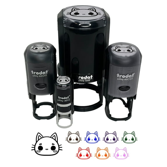 Charming Kawaii Chibi Cat Kitten Face Blushing Cheeks Self-Inking Rubber Stamp Ink Stamper - Orange Ink - Small 3/4 Inch