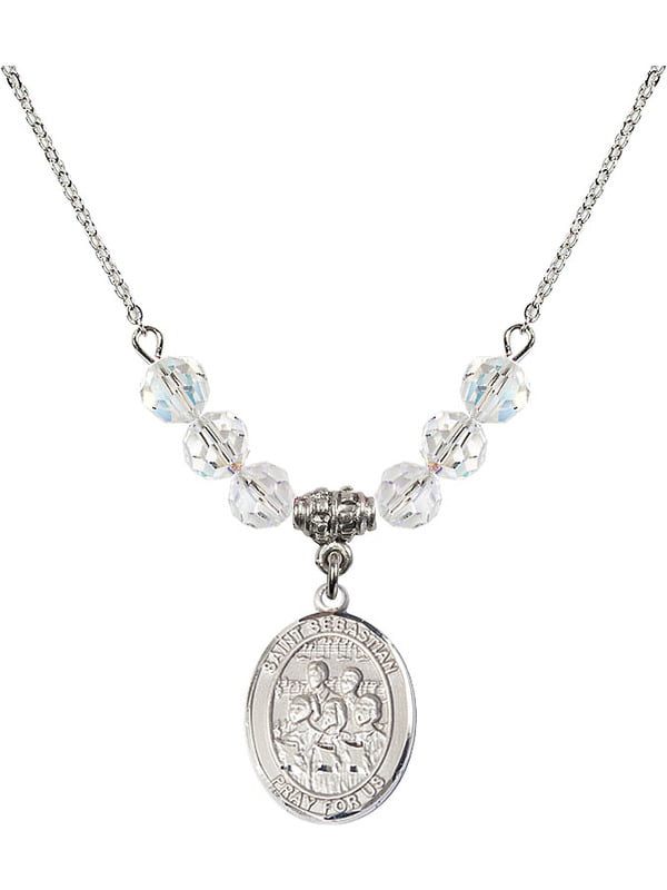 Choir Charm. 18-Inch Rhodium Plated Necklace with 6mm Rose Birthstone Beads and Sterling Silver Saint Sebastian 