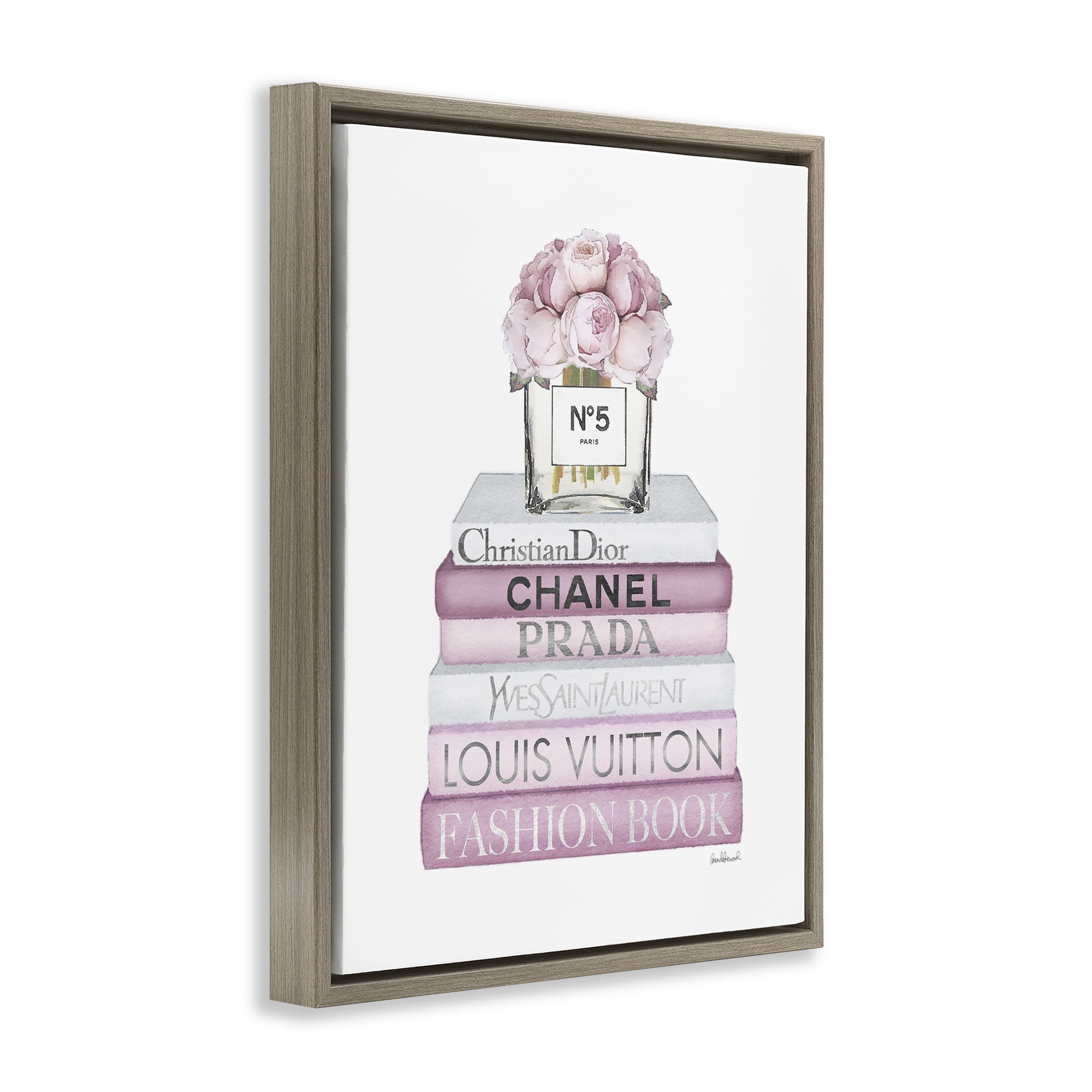 Stupell Industries Rose Bouquet & Designer Bookstack Beauty & Fashion Painting Brown Floater Framed Canvas Art Print Wall Art, 17 x 21