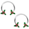 thumbnail image 1 of Body Candy 2Pc 14G Nipplerings Piercing Women Steel Holly Berry Horseshoe Nipple Ring Set 9/16”, 1 of 2