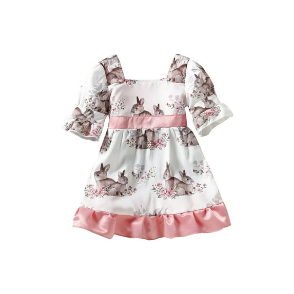 Arvbitana Toddler Girl Easter Dress Puff Short Sleeve High Waist Bowknot Square Neck Ruffle Sundress Rabbit Dress