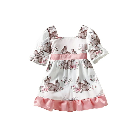 aturustex Toddler Baby Girl Easter Princess Dress 9M 12M 18M 24M 3T 4T Short Sleeve Square Neck Bunny Print Ruffle Bownet Belt Party Dresses