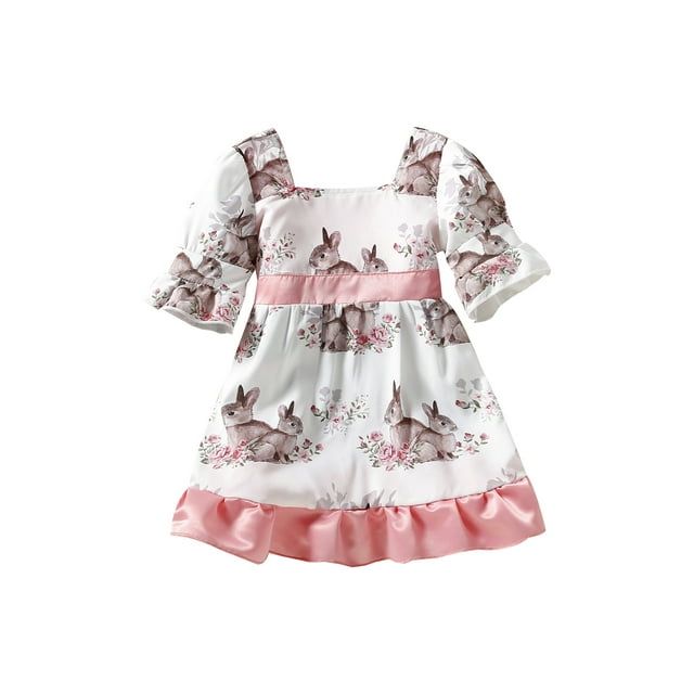 Sunloudy Robe pour Fillettes, Imprimé Fleuri Rabbit Manches Courtes Bouffantes Col Carré Ourlet à Volants