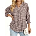 thumbnail image 2 of Fantaslook Plaid Womens Button Down Shirts 3/4 Sleeve V neck Tops with Smocked Cuffs Dressy Cotton Blouses, 2 of 10