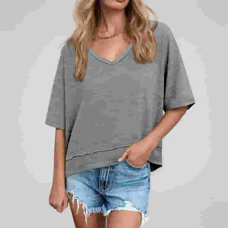 【GENERAL IDEA】Acetate V-Neck Shirring 半袖Tシャツ Wangmeiwg Casual Solid Color Short Sleeve V Neck T Shirt