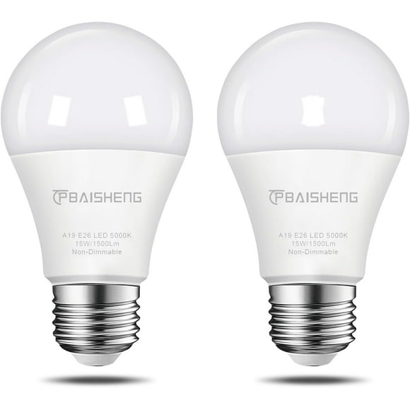 SHIQI-15W LED Light Bulbs 100 Watt Equivalent, No Flicker, 1500 Lumens, 5000K Daylight Super Bright 100 Watt Equivalent Light A19 LED Bulb, Non-Dimmable, E26, CRI 85+, 30000+ Hours (2, 5000K)