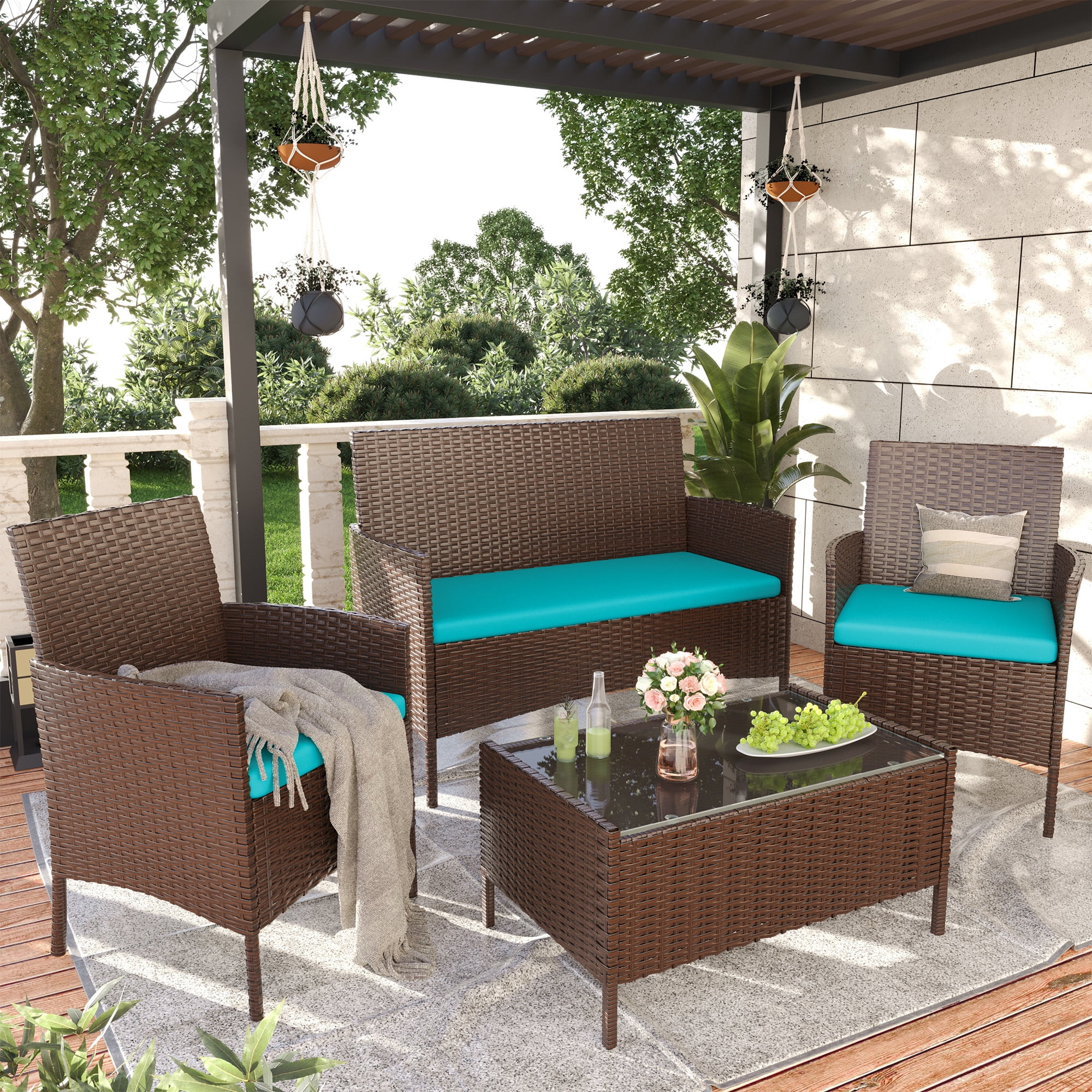 MRUAKA Patio Furniture Set 4 Pieces Porch Furniture Outdoor Modular Wicker Patio Sectional Conversation Furniture Set for Backyard,Porch,Garden,Poolside and Balcony(Turquoise)