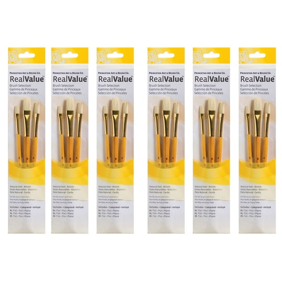 Princeton RealValue Brush Set, Natural Bristles, Short Handle Mixed Media Paintbrush, Yellow, 3 Per Set, 6 Sets