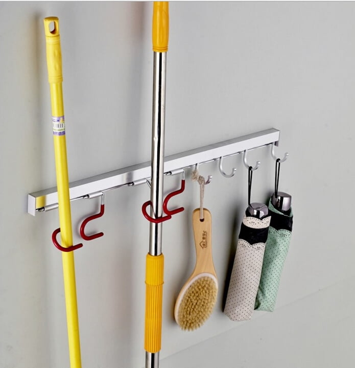 Mop Broom Holder Organizer, Wall Mounted Cleaning Tools Organizer,Space Saver Rags Dusters Rakes Utility Hooks Holder for Kitchen Garage Office