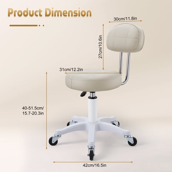 Porfeet Small Office Desk Chair, Round Rolling Chair with Back, Armless Faux Leather Vanity Chair with Wheels, Height Adjustable 360 Degree Swivel Computer Stool for Home Bedroom Office,Beige