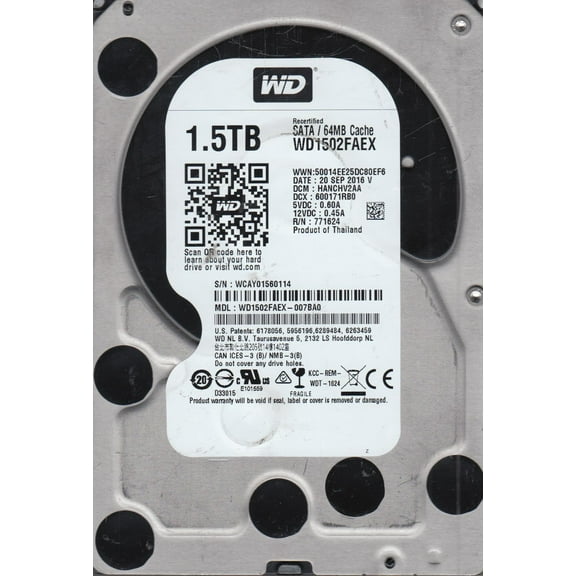 WD1502FAEX-007BA0, DCM HANCHV2AA, Western Digital 1.5TB SATA 3.5 Hard Drive