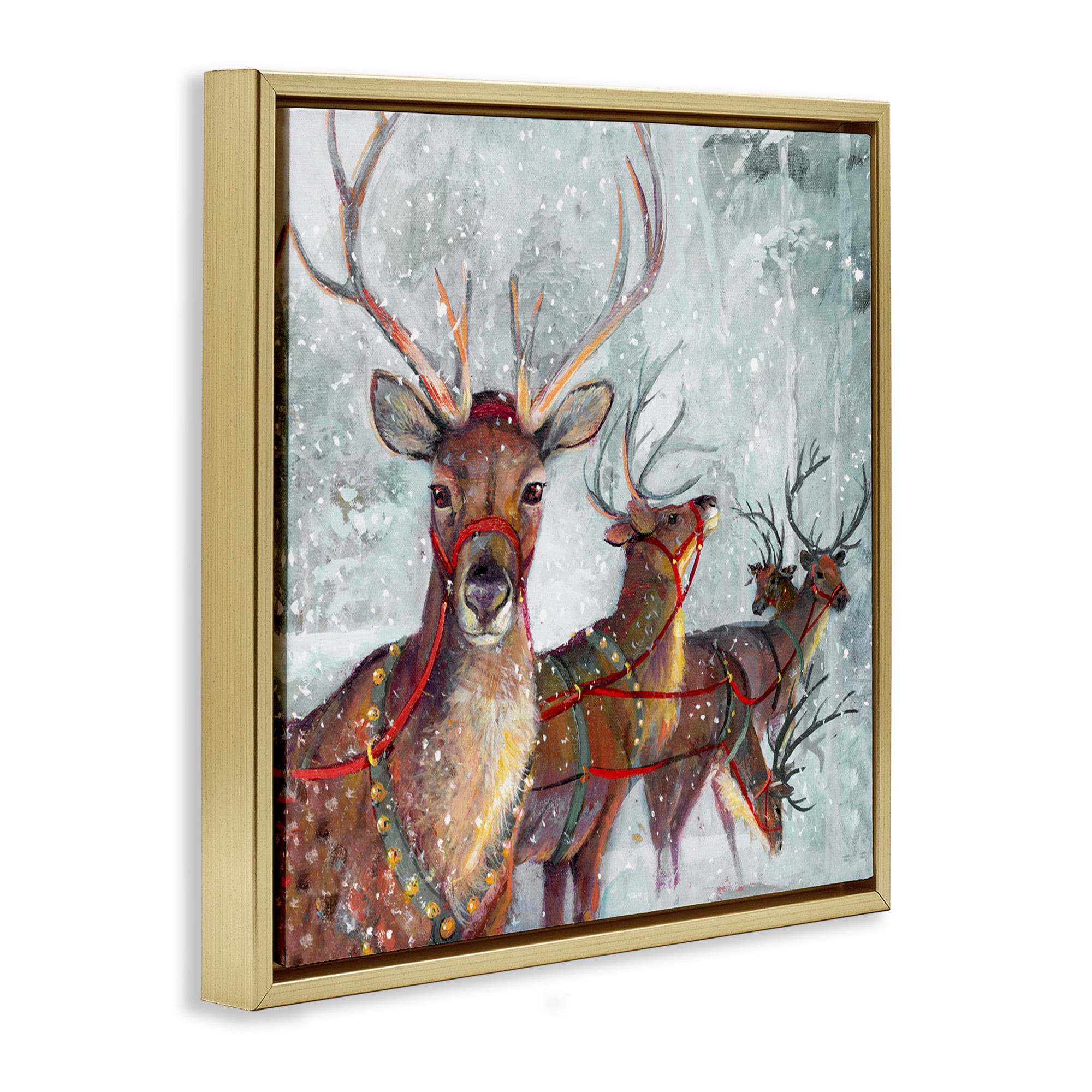 Stupell Industries Winter Reindeer Holiday Landscape Holiday Painting Gold Floater Framed Canvas Art Print Wall Art, 25 x 25