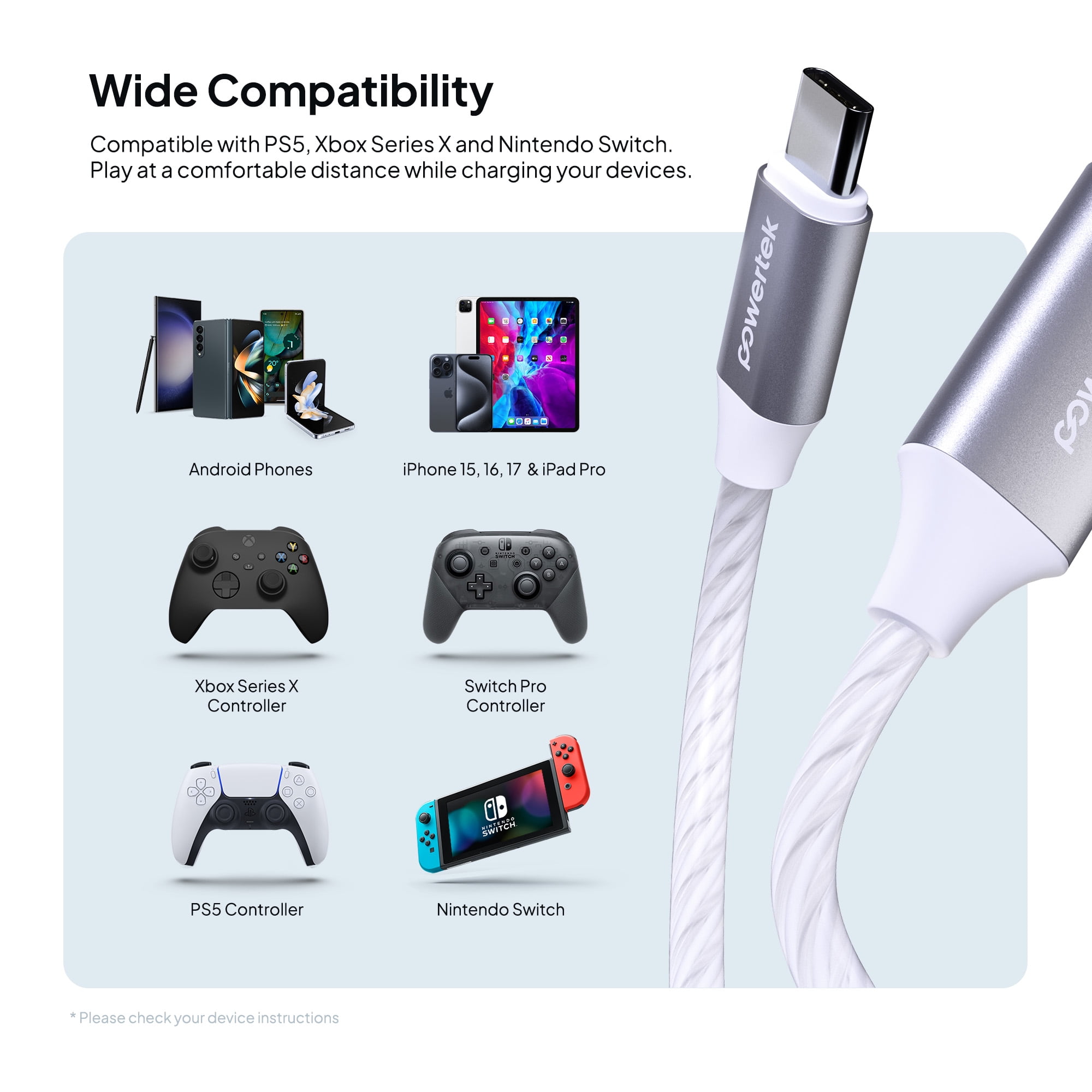 Powertek Light-Up USB-C to USB-C Fast Charging Cable, 60W, 5 ft, White