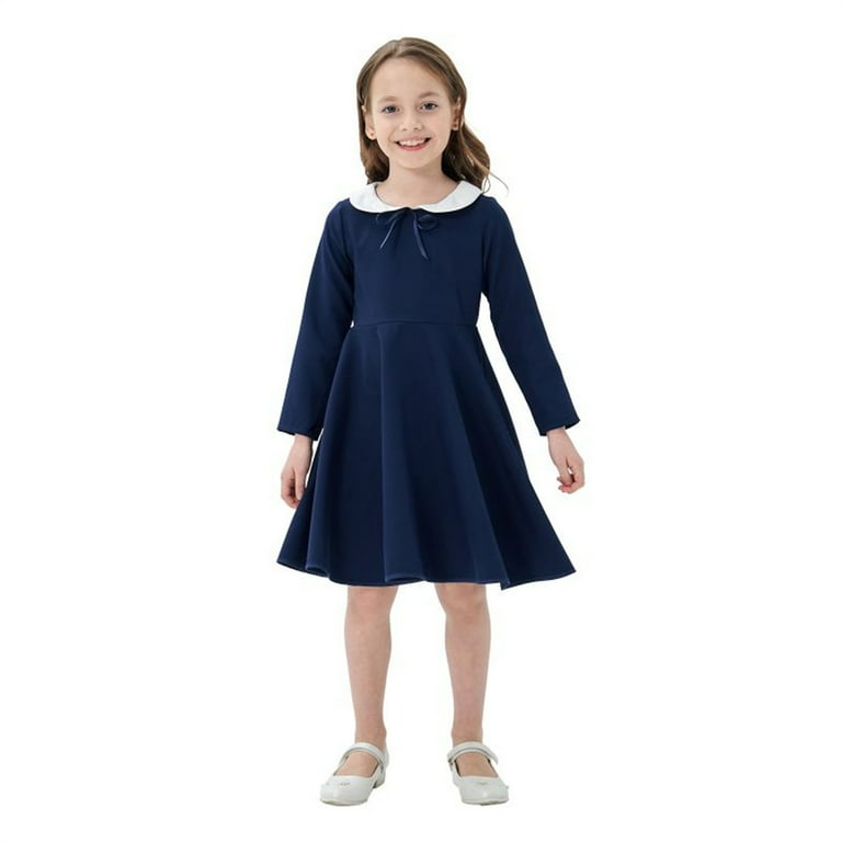 Kiijoy Little Girls Solid Long Sleeve Midi Dress Preppy Style Knee-Length  Polo Dress - Walmart.com