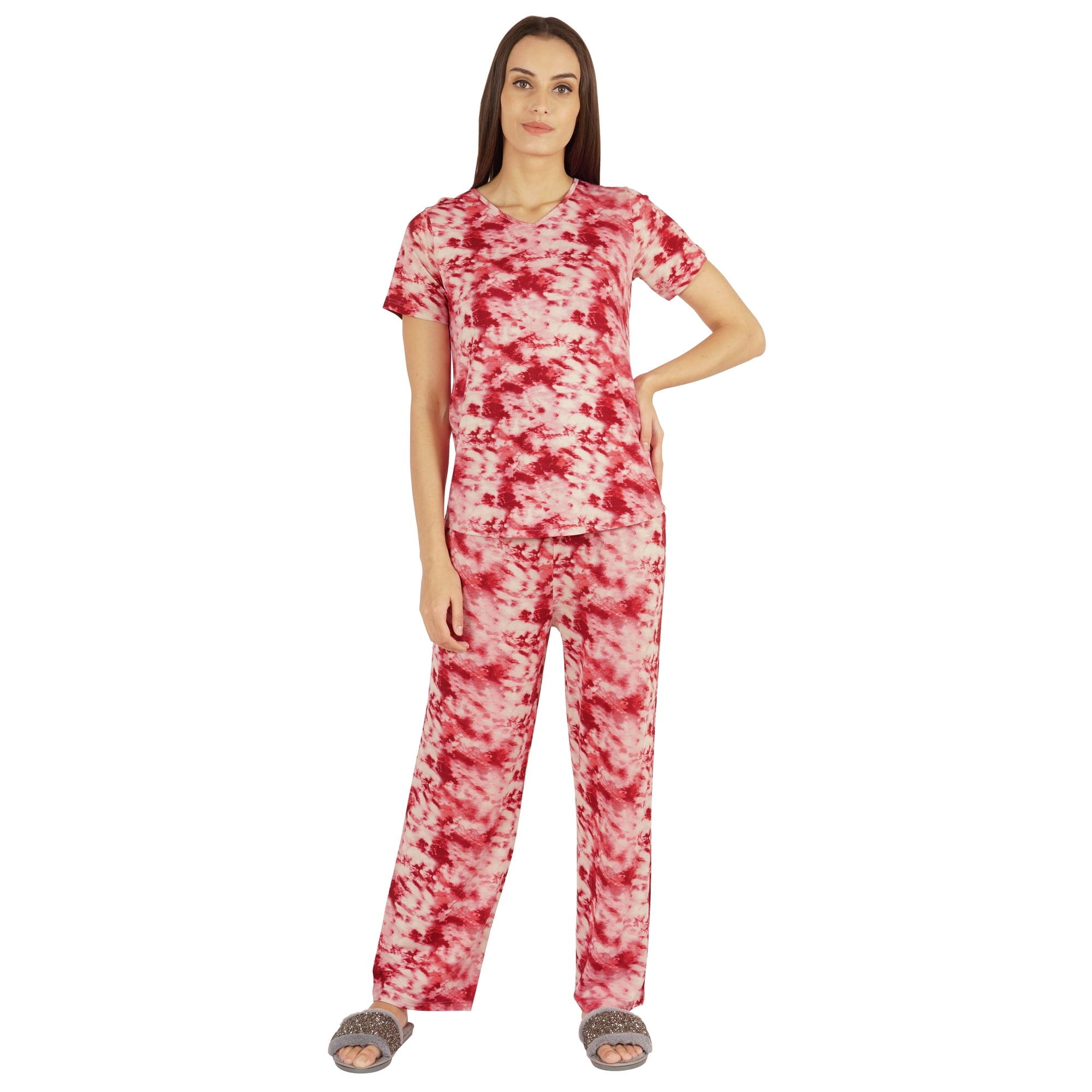 Inkmeso 2 Pcs Printed Short Sleeves Nightwear Set For Womens Top And Pajama Sleepwear Cotton PJ Sets
