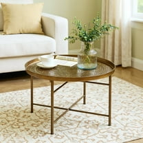GVN Coffee Table,Side Tables,Coffee Table for Living Room, 24" Round Center Table with Hammered Tray Top, Gold