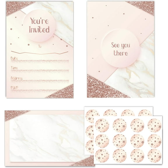 Cheerland 12 Set Glitter Rose Gold Party Invitations Card with Envelops and Stickers