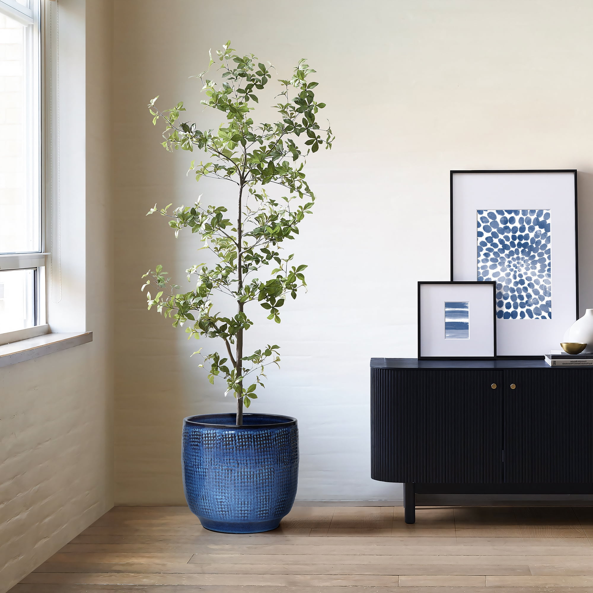 LuxenHome 12" Dia Large Ceramic Planter Pots for Plants, Ocean Blue Glazed Round Planter with Drainage