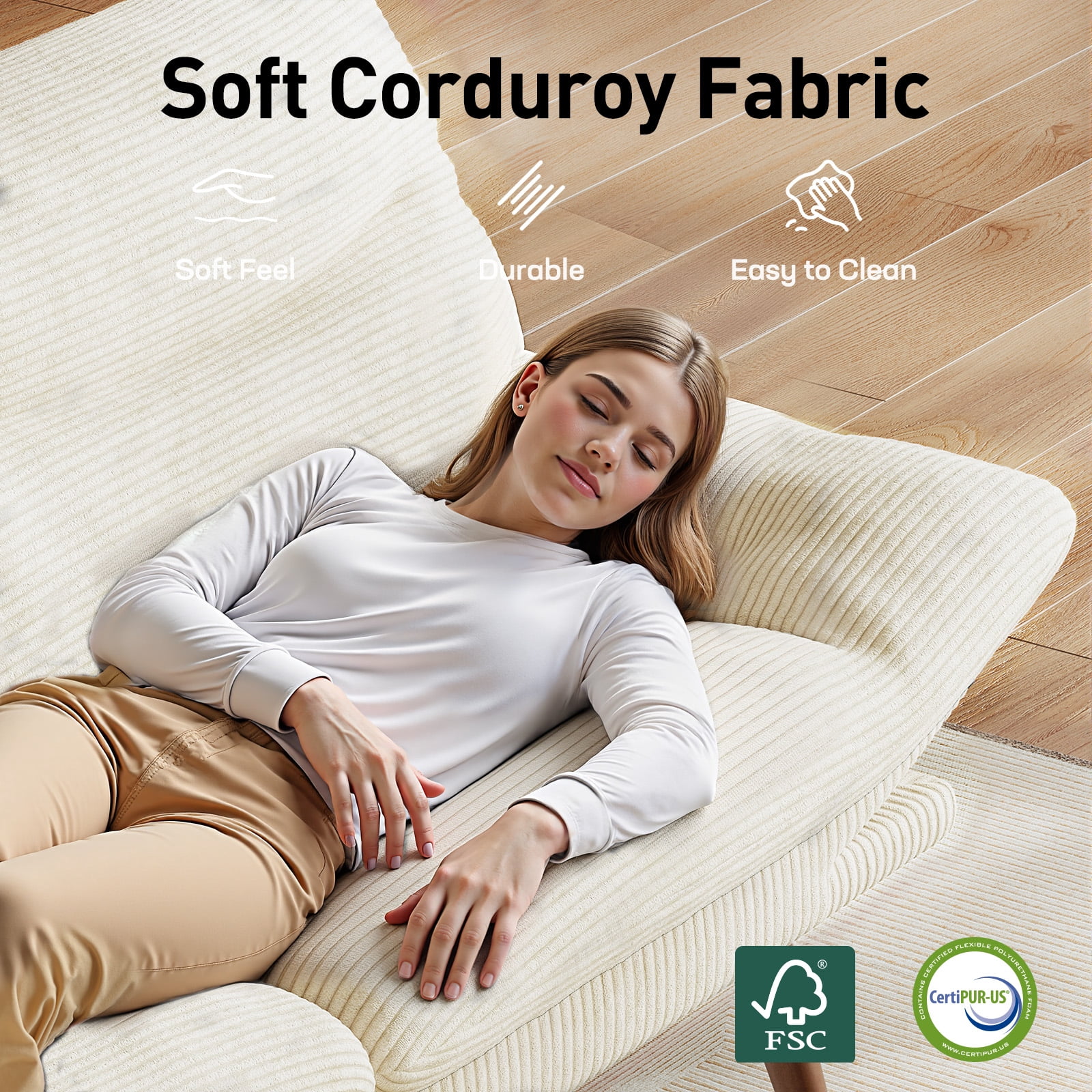 CHITOOMA 66" Futon Sofa Bed with Adjustable Backrest and 6-Level Armrests, White Corduroy Convertible Futon Couch, Comfy Loveseat for Small Spaces, Apartment or Office